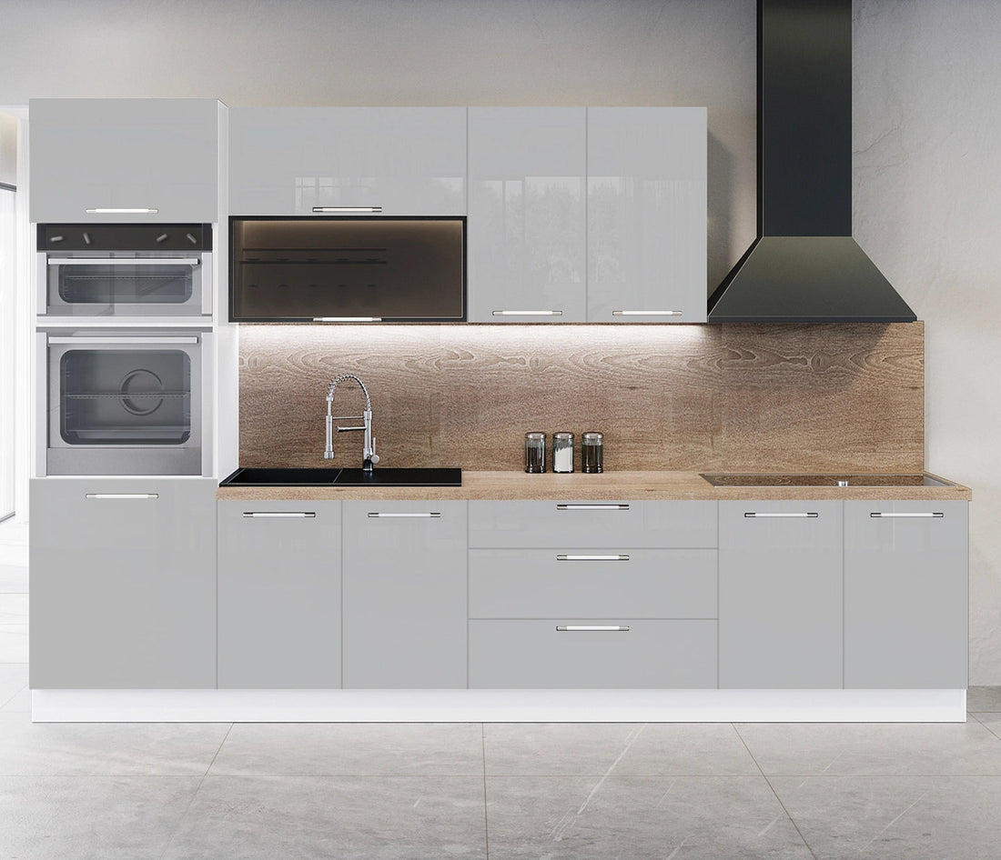 Cuisine complète haut et bas 300cm 6 meubles dont sous évier et colonne four, façade laquée grise, Poignées inox et pieds fournis
