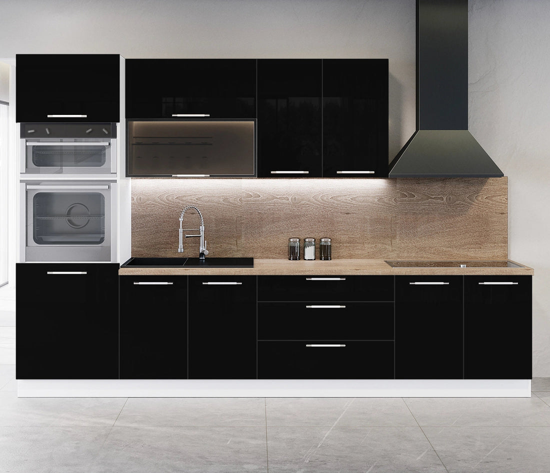 Cuisine complète haut et bas 300cm 6 meubles dont sous évier et colonne four, façade laquée noire, Poignées inox et pieds fournis