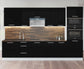 Cuisine complète haut et bas 300cm 9 meubles dont sous évier, sous hotte et colonne four, façade laquée noire, Poignées inox / pieds