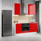 Cuisine complète haut et bas 160cm 5 meubles dont sous évier et bas four, façade laquée Rouge, Poignées inox et pieds fournis