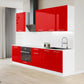 Cuisine complète haut et bas 260cm 7 meubles dont sous évier et bas four, façade laquée Rouge, Poignées inox et pieds fournis