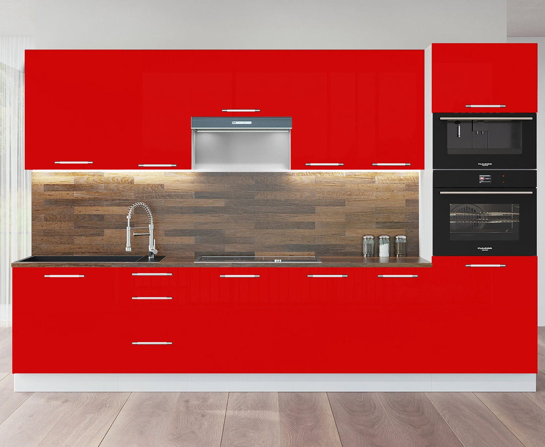 Cuisine complète haut et bas 300cm 9 meubles dont sous évier, sous hotte et colonne four, façade laquée rouge, Poignées inox / pieds