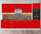 Cuisine complète haut et bas 300cm 9 meubles dont sous évier, sous hotte et colonne four, façade laquée rouge, Poignées inox / pieds