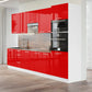 Cuisine complète haut et bas 300cm 9 meubles dont sous évier, sous hotte et colonne four, façade laquée rouge, Poignées inox / pieds