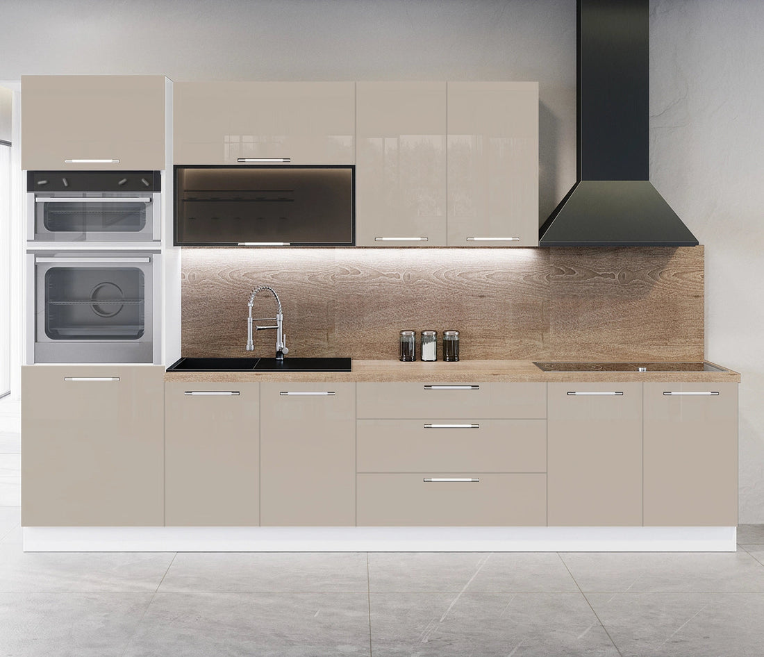 Cuisine complète haut et bas 300cm 6 meubles dont sous évier et colonne four, façade laquée beige, Poignées inox et pieds fournis