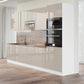 Cuisine complète haut et bas 300cm 9 meubles dont sous évier, sous hotte et colonne four, façade laquée beige, Poignées inox / pieds